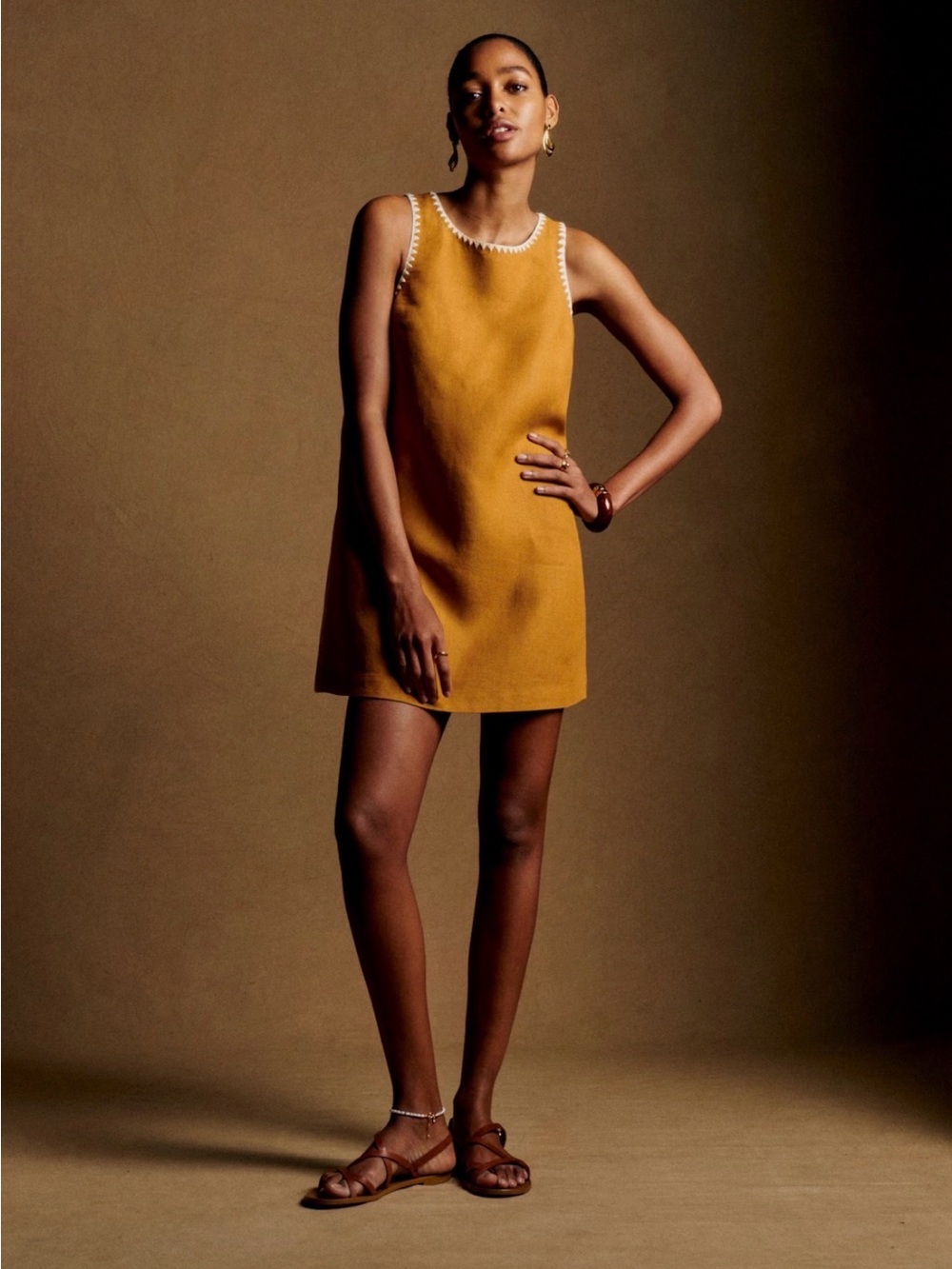 Sézane Sleeveless Mustard Yellow Shift Dress with Contrast Trim (like new)